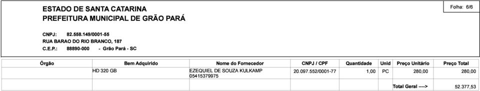 Folha: 6/6 Órgão HD 320 GBBem Adquirido 05415379975 EZEQUIEL DE Nome SOUZA do