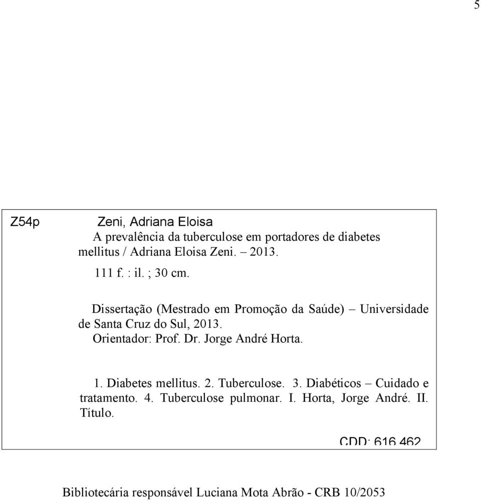 Orientador: Prof. Dr. Jorge André Horta. 1. Diabetes mellitus. 2. Tuberculose. 3. Diabéticos Cuidado e tratamento. 4.