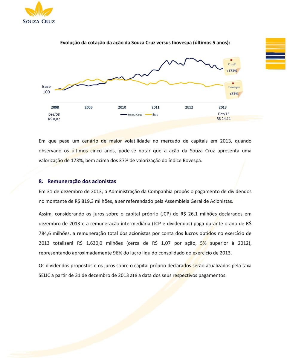 Remuneração dos acionistas Em 31 de dezembro de 2013, a Administração da Companhia propôs o pagamento de dividendos no montante de R$ 819,3 milhões, a ser referendado pela Assembleia Geral de