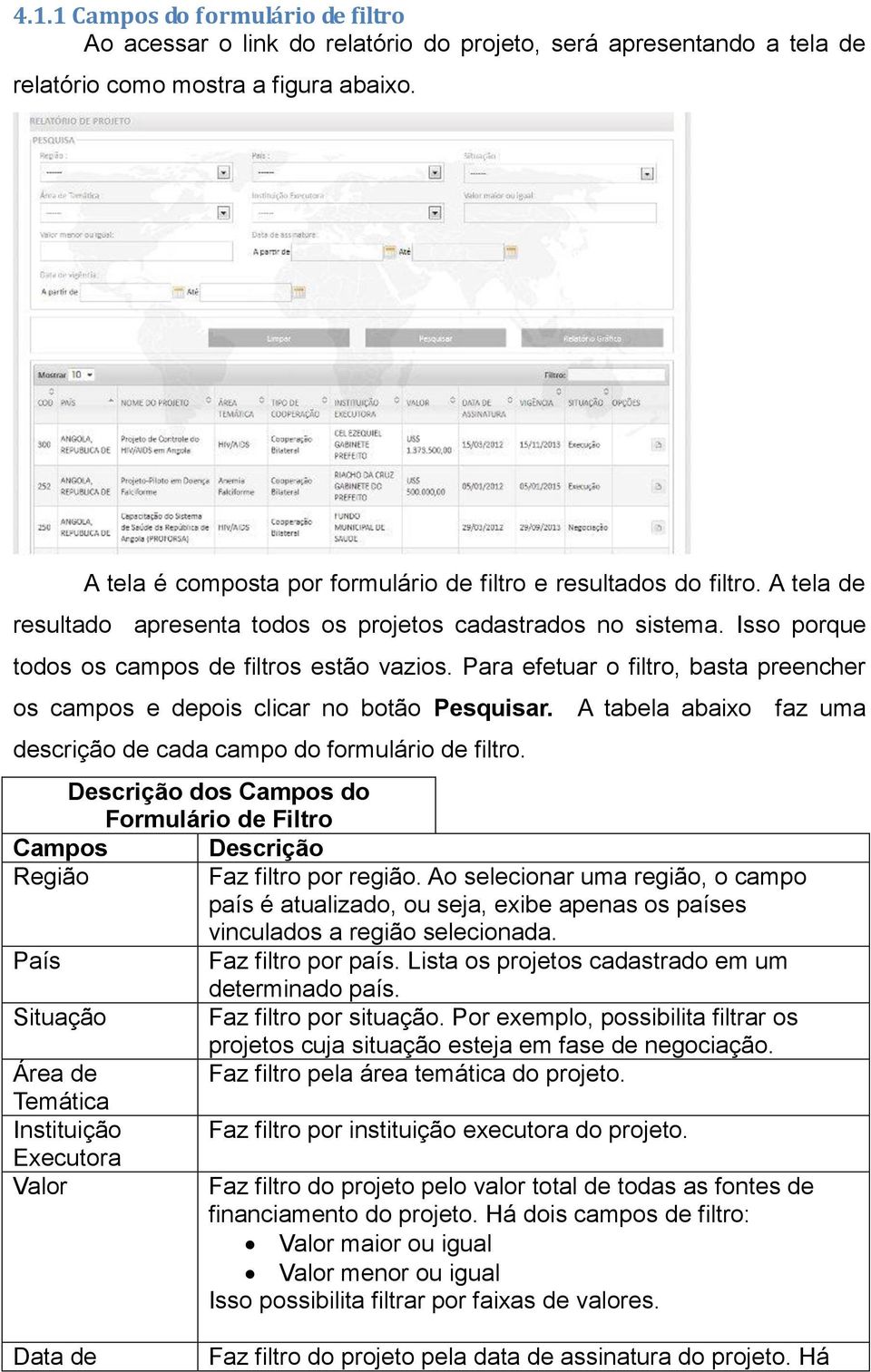 Para efetuar o filtro, basta preencher os campos e depois clicar no botão Pesquisar. A tabela abaixo faz uma descrição de cada campo do formulário de filtro.