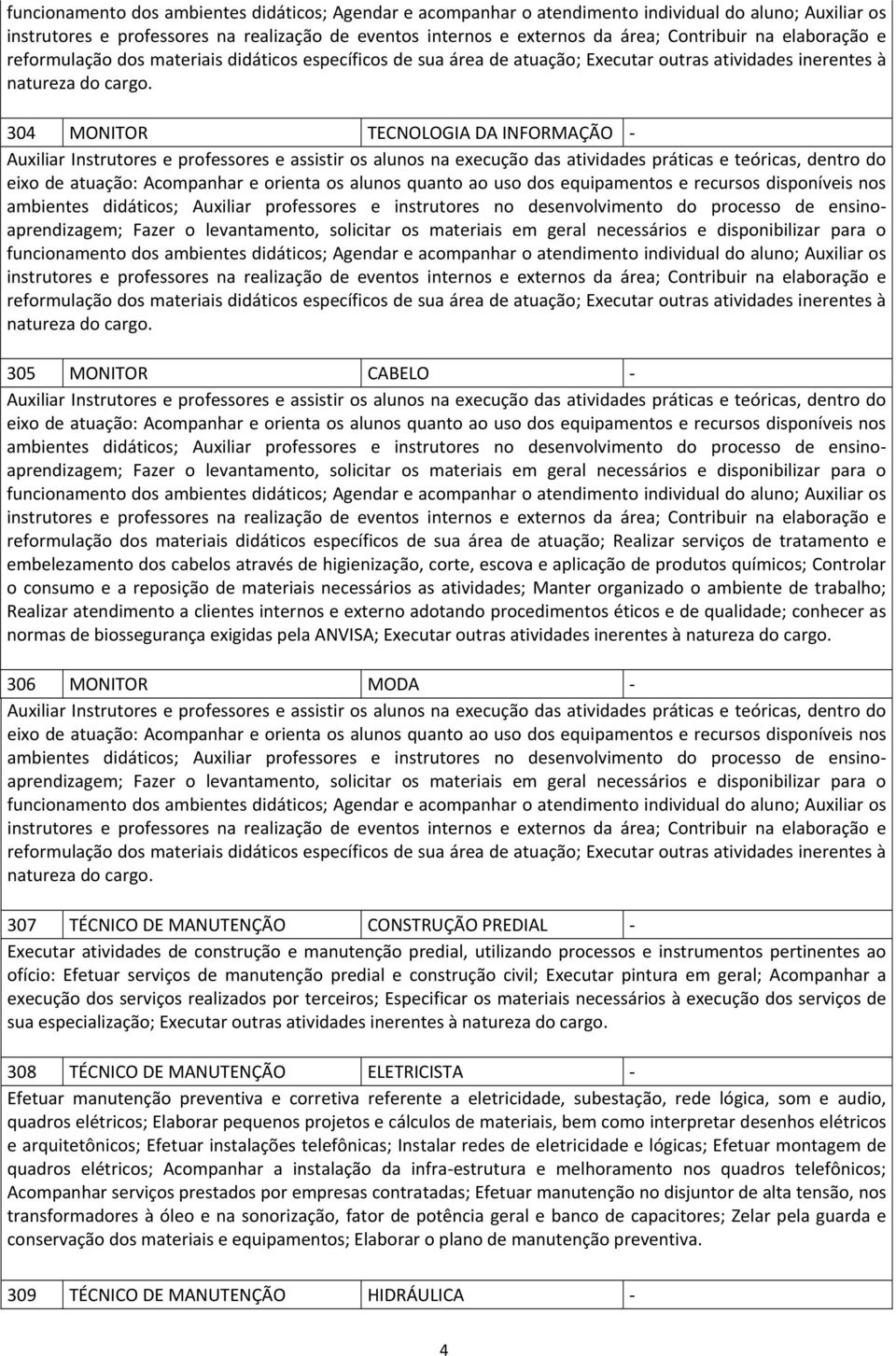 304 MONITOR TECNOLOGIA DA INFORMAÇÃO Auxiliar Instrutores e professores e assistir os alunos na execução das atividades práticas e teóricas, dentro do eixo de atuação: Acompanhar e orienta os alunos