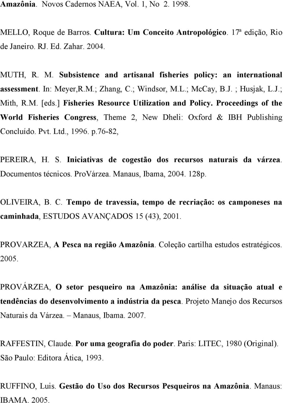 Proceedings of the World Fisheries Congress, Theme 2, New Dheli: Oxford & IBH Publishing Concluído. Pvt. Ltd., 1996. p.76-82, PEREIRA, H. S. Iniciativas de cogestão dos recursos naturais da várzea.