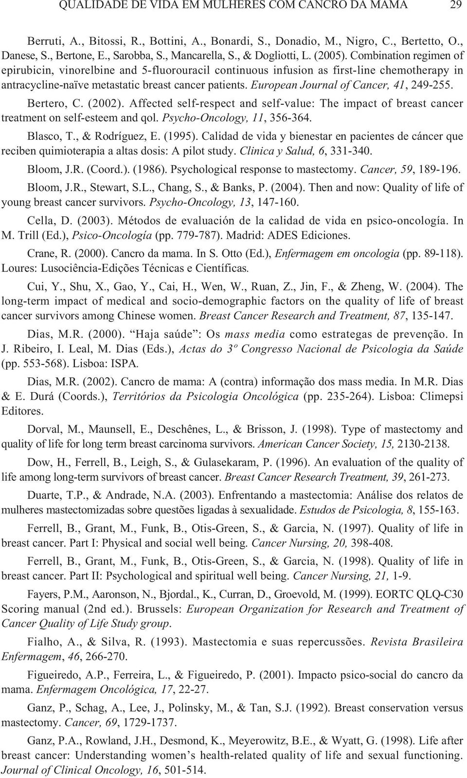 European Journal of Cancer, 41, 249-255. Bertero, C. (2002). Affected self-respect and self-value: The impact of breast cancer treatment on self-esteem and qol. Psycho-Oncology, 11, 356-364.