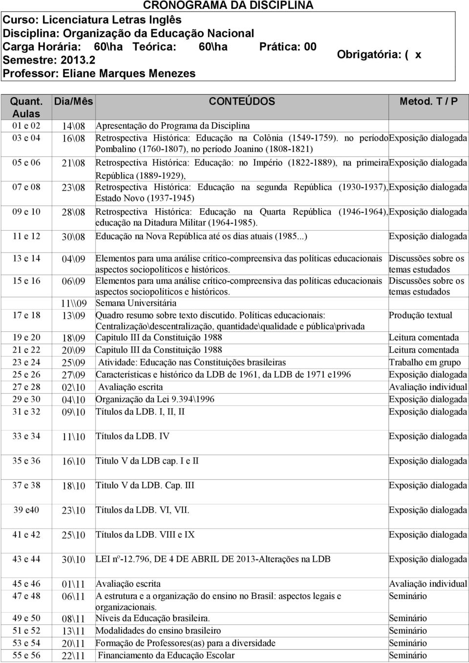 T / P Aulas 01 e 02 14\08 Apresentação do Programa da Disciplina 03 e 04 16\08 Retrospectiva Histórica: Educação na Colônia (1549-1759).