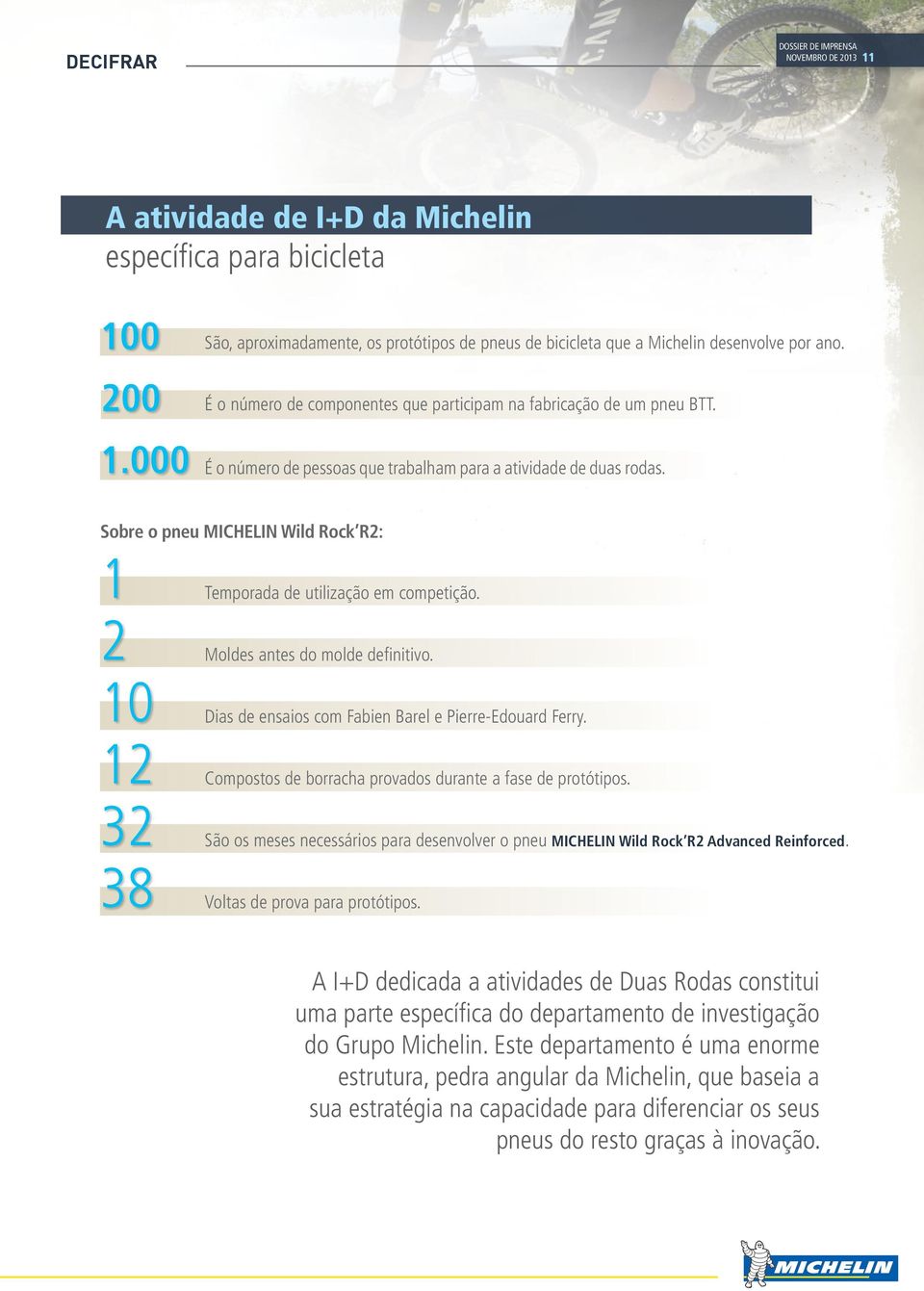 É o número de pessoas que trabalham para a atividade de duas rodas. Sobre o pneu MICHELIN Wild Rock R2: 1 2 10 12 32 38 Temporada de utilização em competição. Moldes antes do molde definitivo.