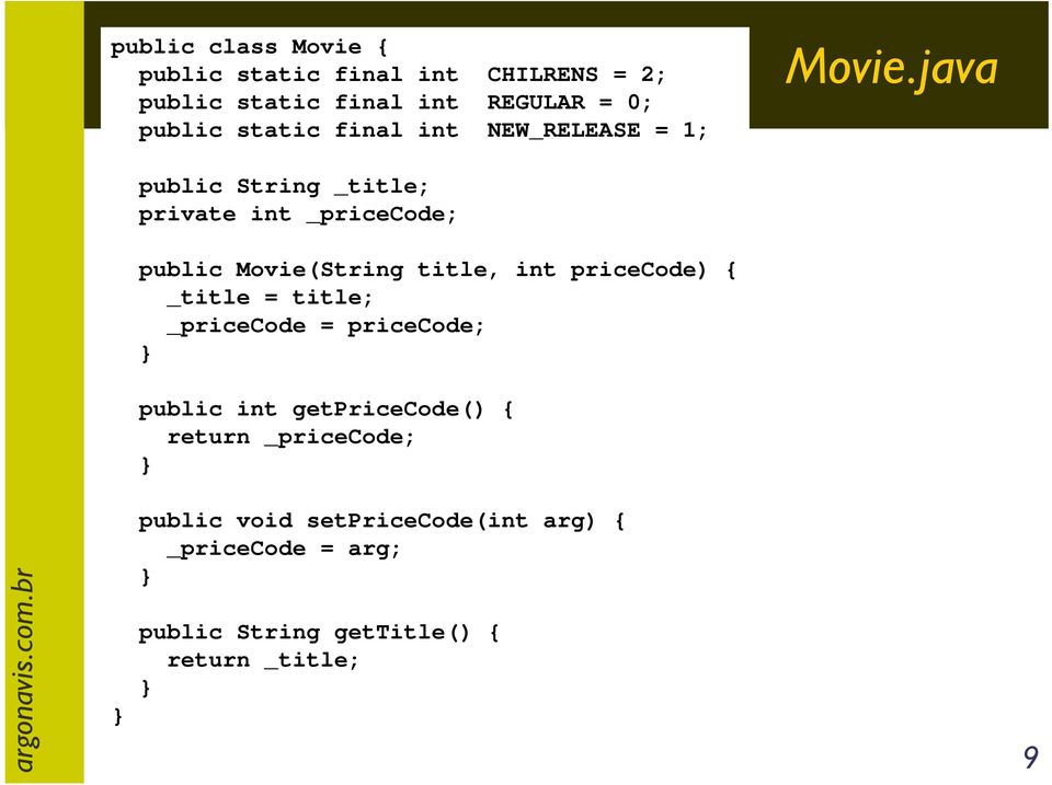 java public String _title; private int _pricecode; public Movie(String title, int pricecode) { _title =