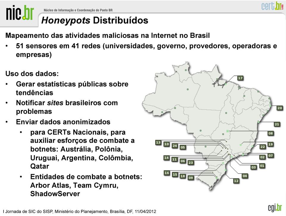 brasileiros com problemas Enviar dados anonimizados para CERTs Nacionais, para auxiliar esforços de combate a botnets: