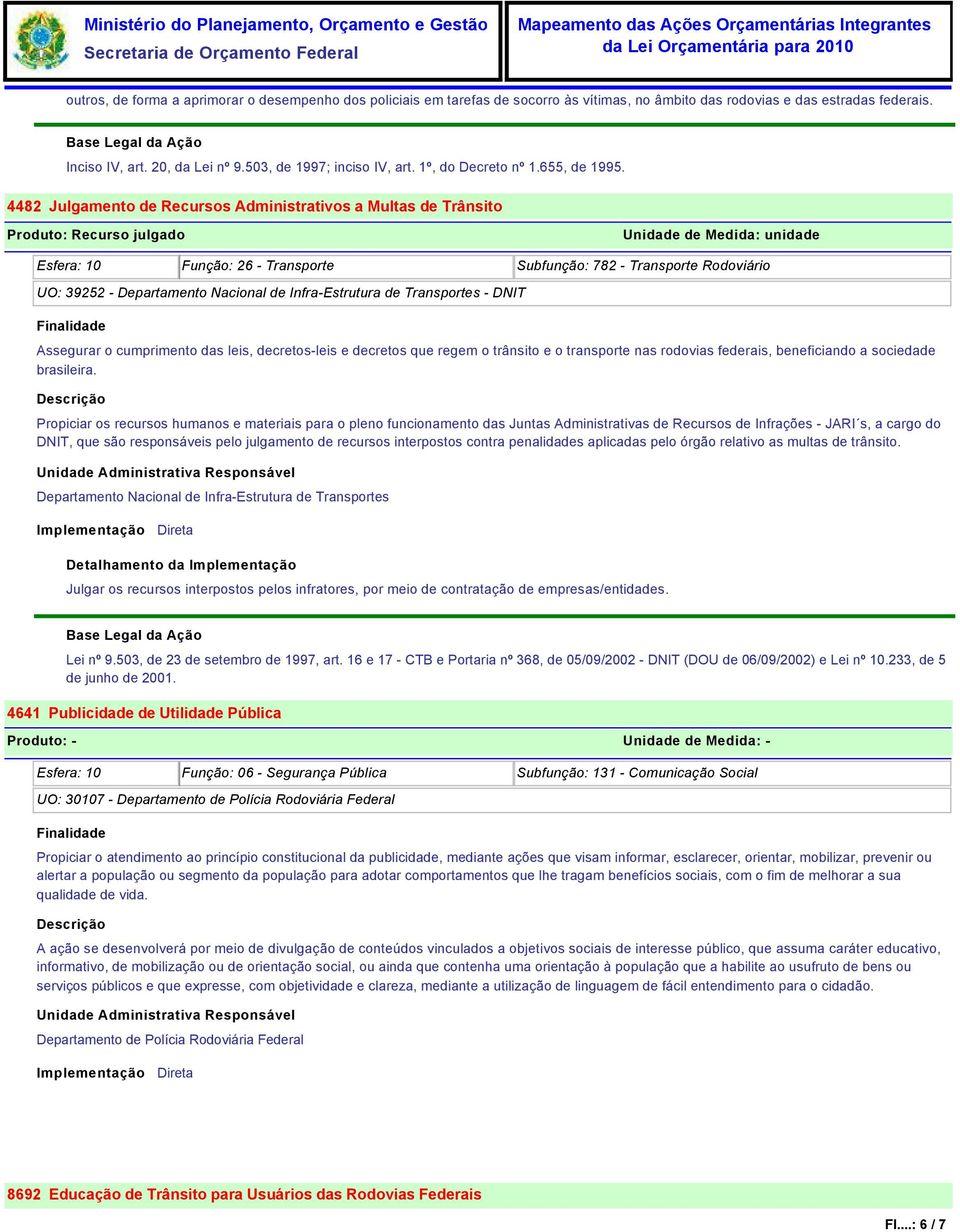 4482 Julgamento de Recursos Administrativos a Multas de Trânsito Produto: Recurso julgado Assegurar o cumprimento das leis, decretos-leis e decretos que regem o trânsito e o transporte nas rodovias