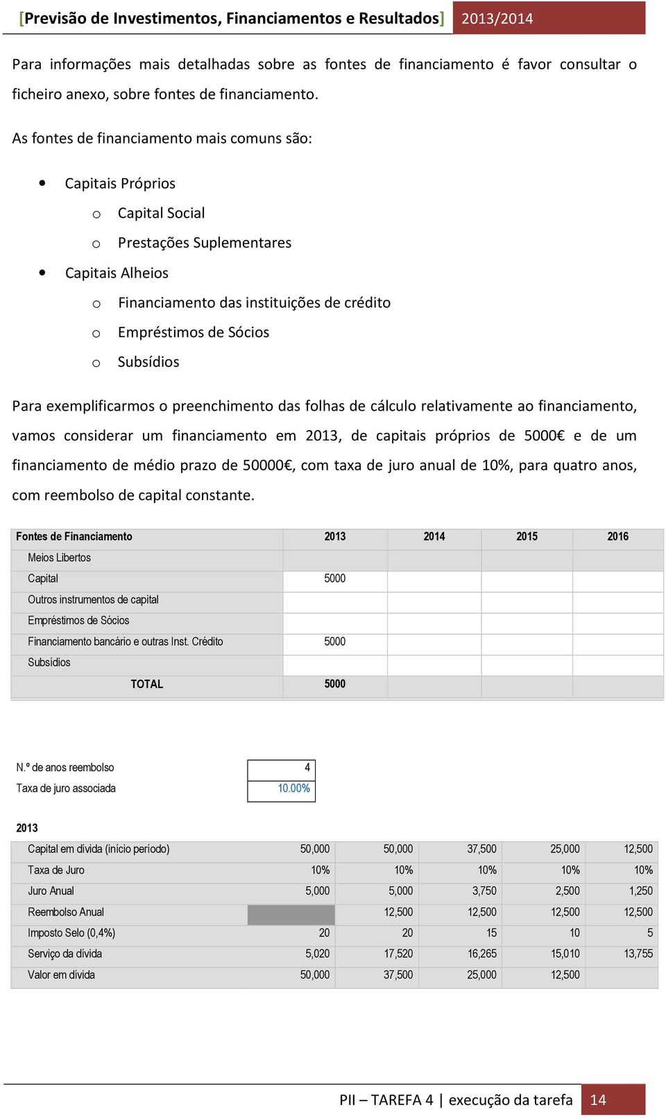 Subsídios Para exemplificarmos o preenchimento das folhas de cálculo relativamente ao financiamento, vamos considerar um financiamento em 2013, de capitais próprios de 5000 e de um financiamento de