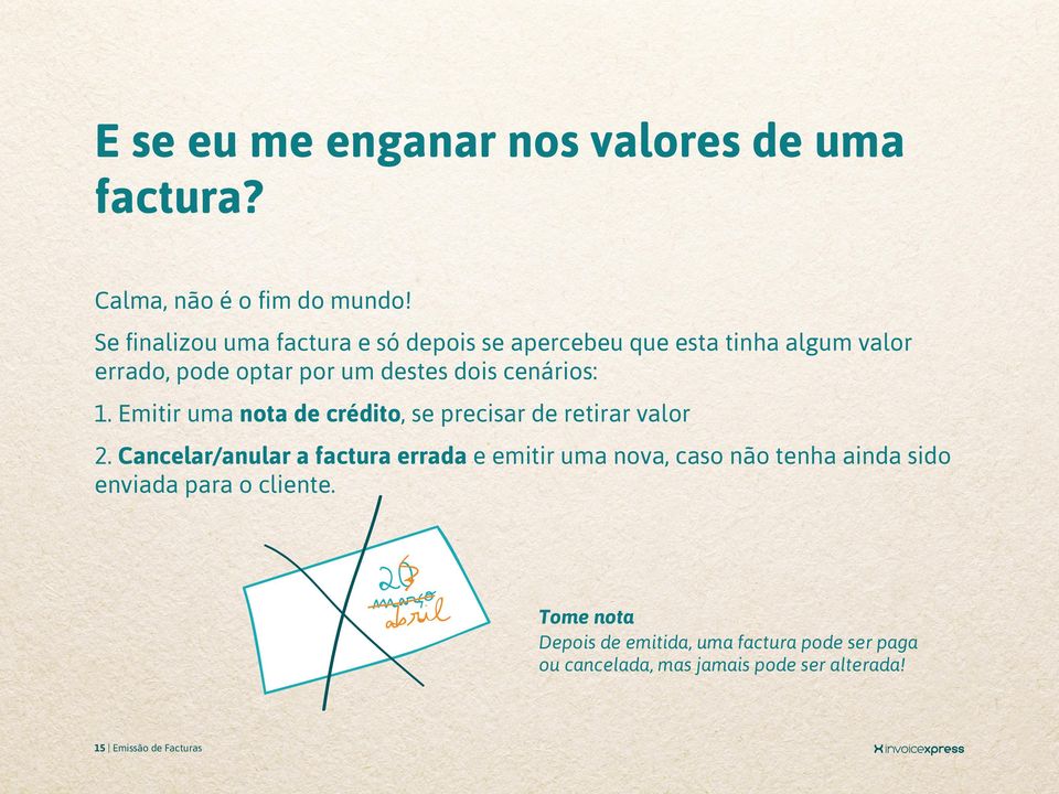 cenários: 1. Emitir uma nota de crédito, se precisar de retirar valor 2.