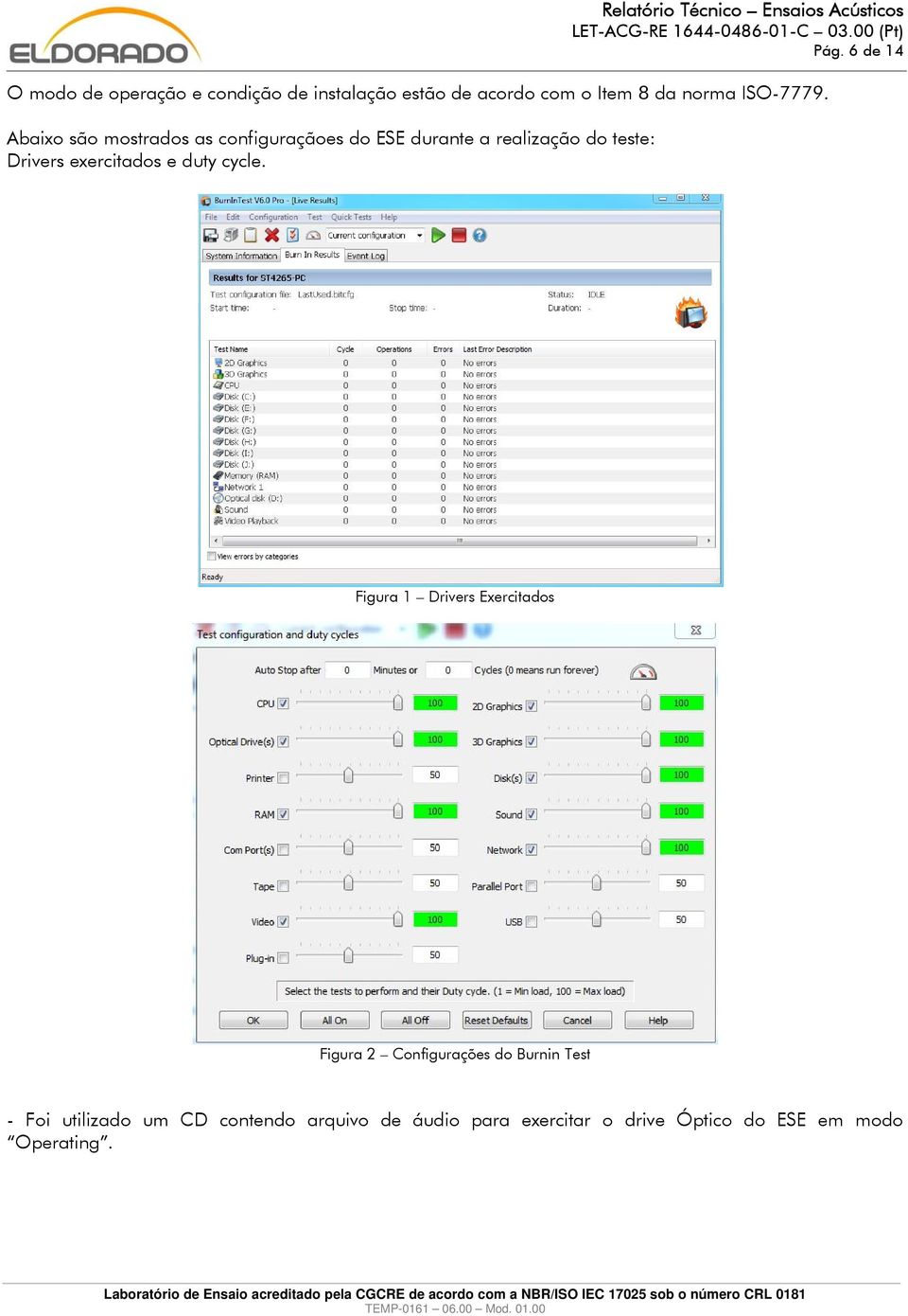 Abaixo são mostrados as configuraçãoes do ESE durante a realização do teste: Drivers exercitados