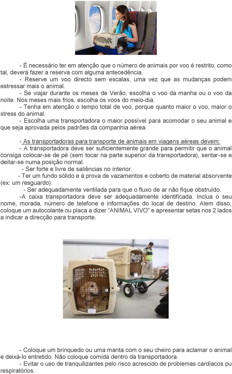 Nos meses mais frios, escolha os voos do meio-dia. - Tenha em atenção o tempo total de voo, porque quanto maior o voo, maior o stress do animal.