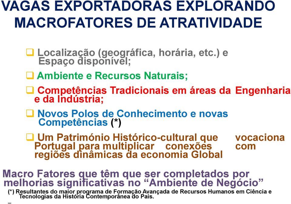 novas Competências (*) Um Património Histórico-cultural que vocaciona para multiplicar conexões com regiões dinâmicas da economia Global Macro Fatores