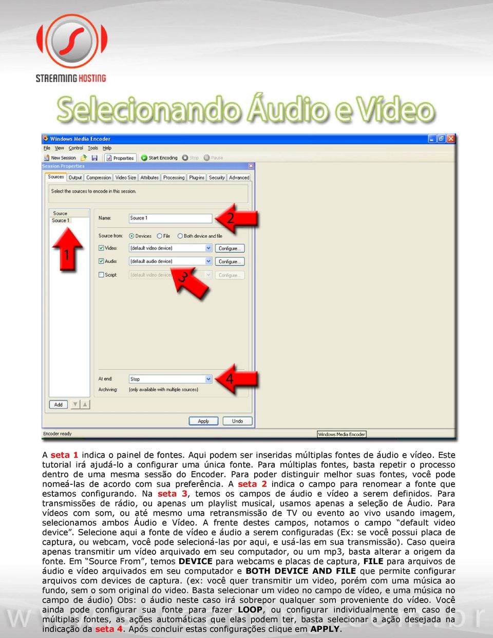 A seta 2 indica o campo para renomear a fonte que estamos configurando. Na seta 3, temos os campos de áudio e vídeo a serem definidos.