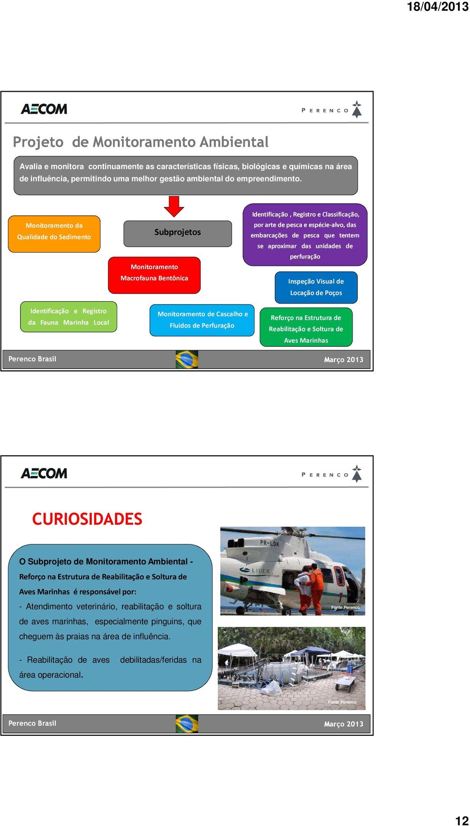 se aproximar das unidades de perfuração Inspeção Visual de Locação de Poços Identificação e Registro da Fauna Marinha Local Monitoramento de Cascalho e Fluidos de Perfuração Fonte: AECOM Reforço na