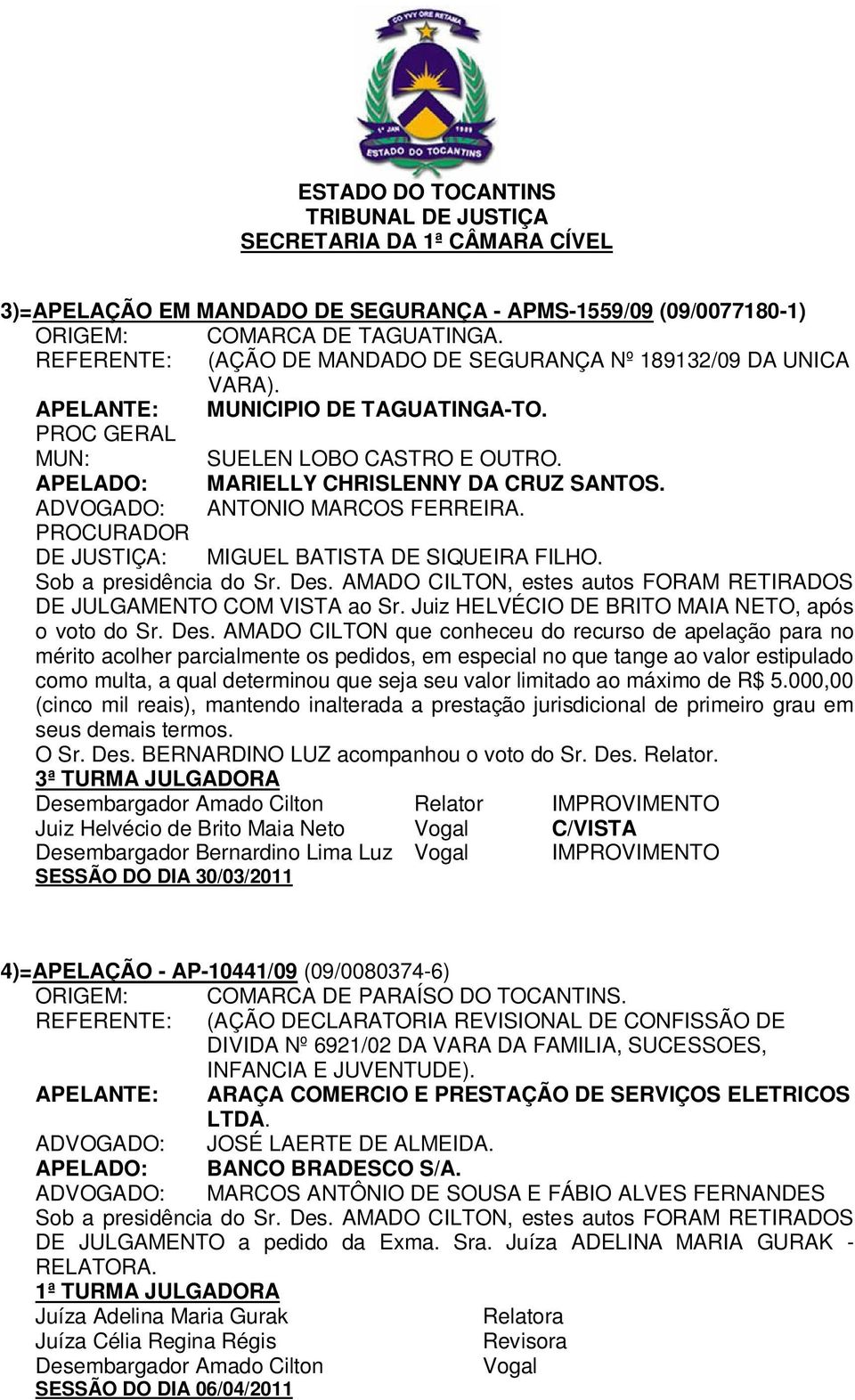 PROCURADOR DE JUSTIÇA: MIGUEL BATISTA DE SIQUEIRA FILHO. Sob a presidência do Sr. Des. AMADO CILTON, estes autos FORAM RETIRADOS DE JULGAMENTO COM VISTA ao Sr.