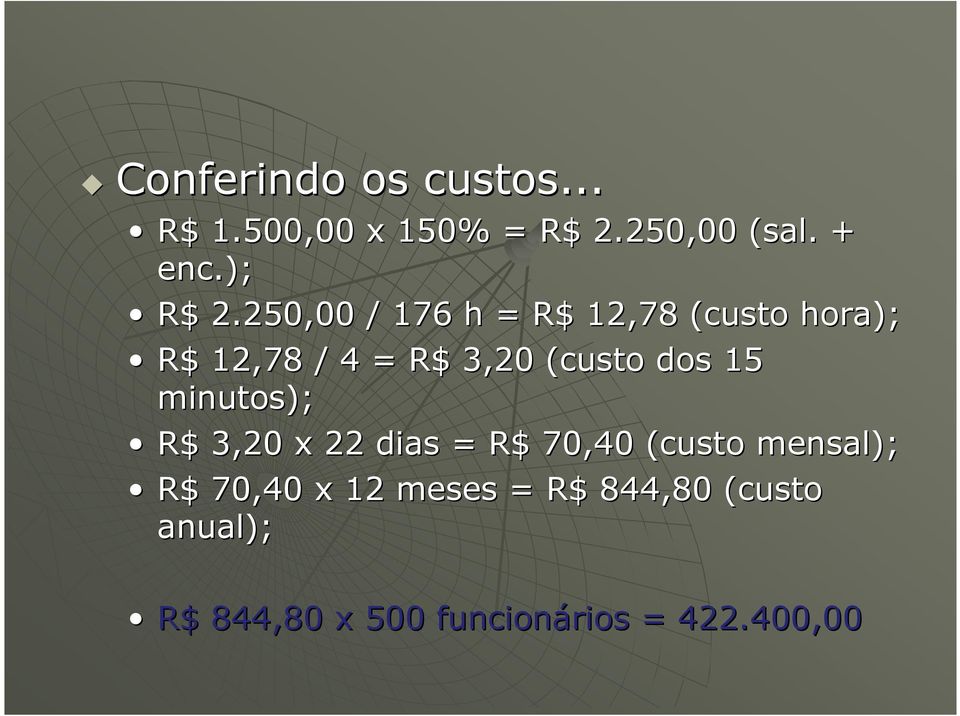 250,00 / 176 h = R$ 12,78 (custo hora); R$ 12,78 / 4 = R$ 3,20 (custo dos