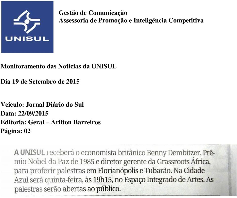 UNISUL Dia 19 de Setembro de 2015 Veículo: Jornal Diário