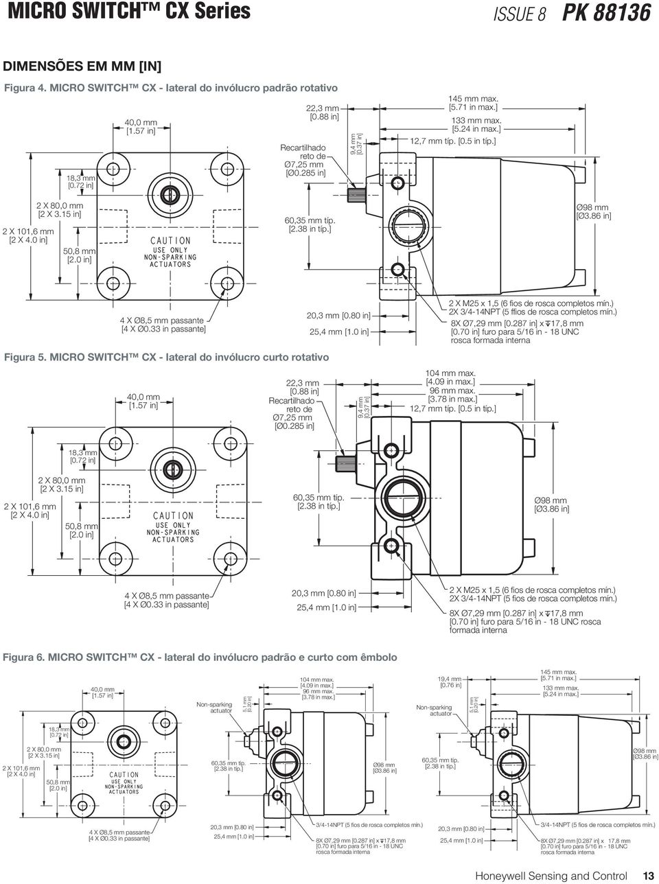 86 in] 4 X Ø8,5 mm passante [4 X Ø0.33 in passante] Figura 5. MICRO SWITCH CX - lateral do invólucro curto rotativo 40,0 mm [1.57 in] 22,3 mm [0.88 in] Recartilhado reto de Ø7,25 mm [Ø0.