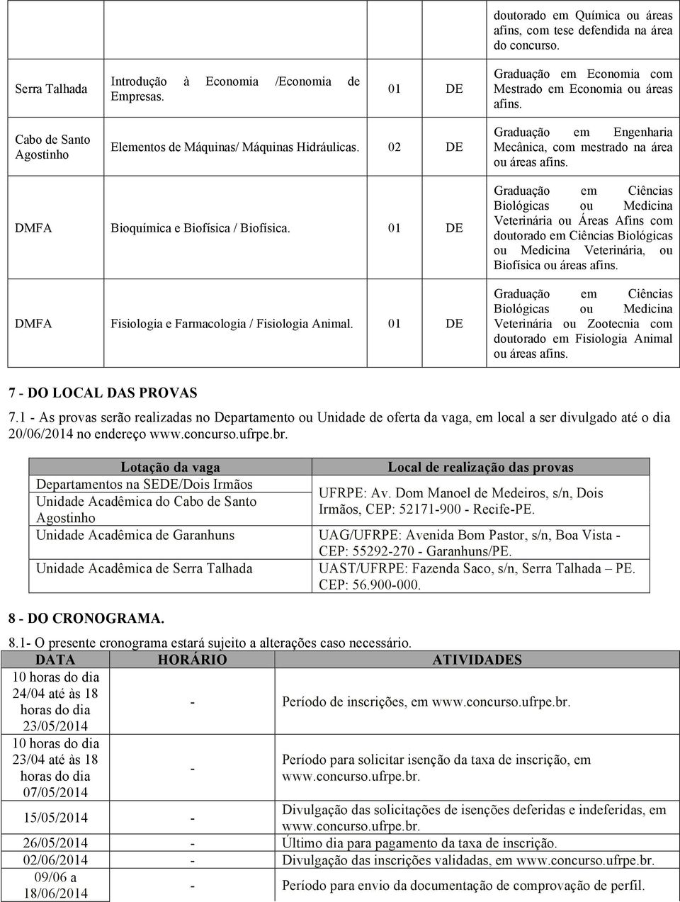 02 DE Graduação em Engenharia Mecânica, com mestrado na área ou áreas DMFA Bioquímica e Biofísica / Biofísica. DMFA Fisiologia e Farmacologia / Fisiologia Animal.