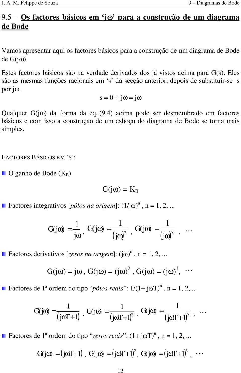 s 0 j j Qualquer G(j) da forma da eq. (9.4) acima pode ser desmembrado em factores básicos e com isso a costrução de um esboço do diagrama de Bode se tora mais simples.