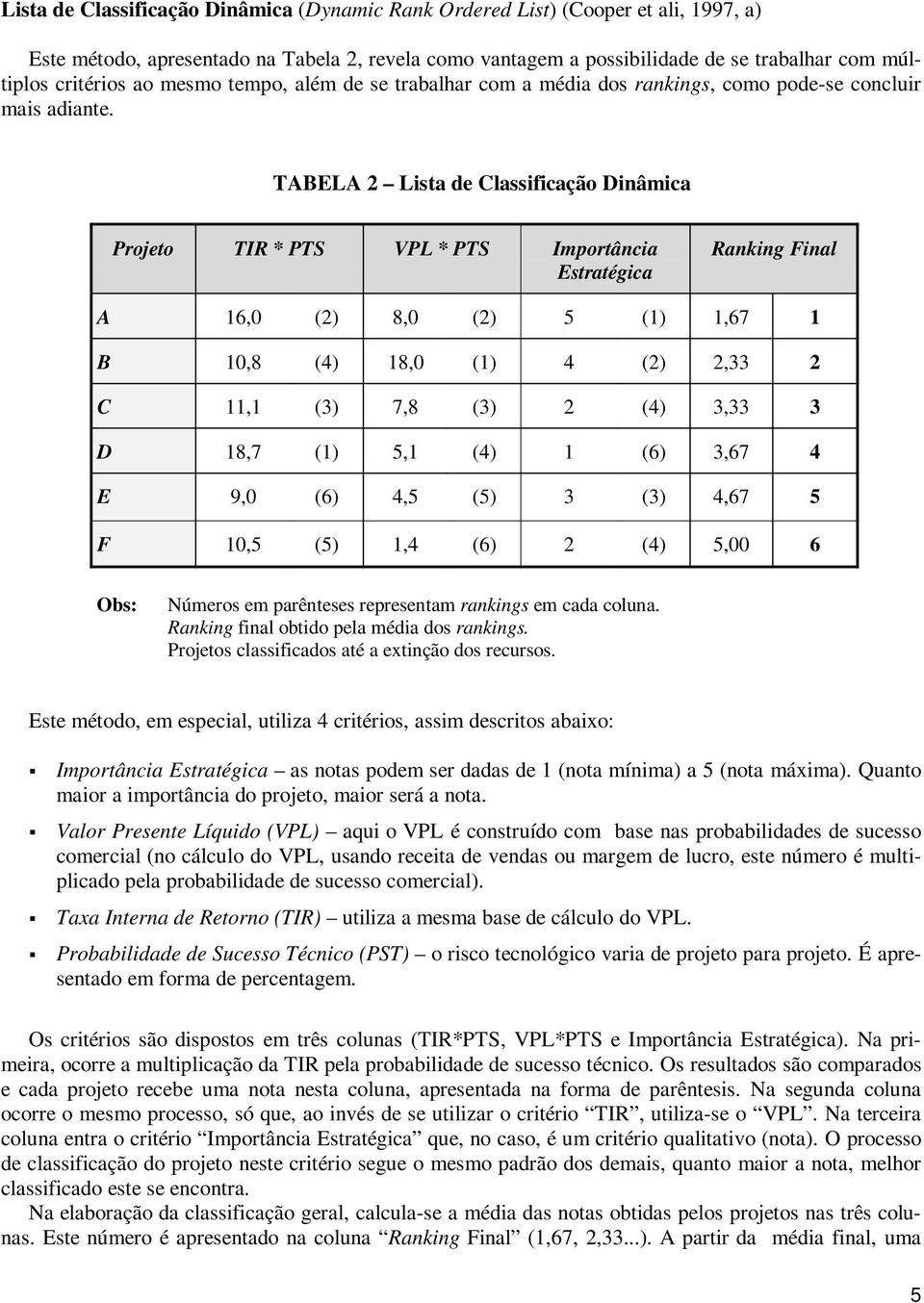 TABELA 2 Lista de Classificação Dinâmica Projeto TIR * PTS VPL * PTS Importância Estratégica Ranking Final A 16,0 (2) 8,0 (2) 5 (1) 1,67 1 B 10,8 (4) 18,0 (1) 4 (2) 2,33 2 C 11,1 (3) 7,8 (3) 2 (4)