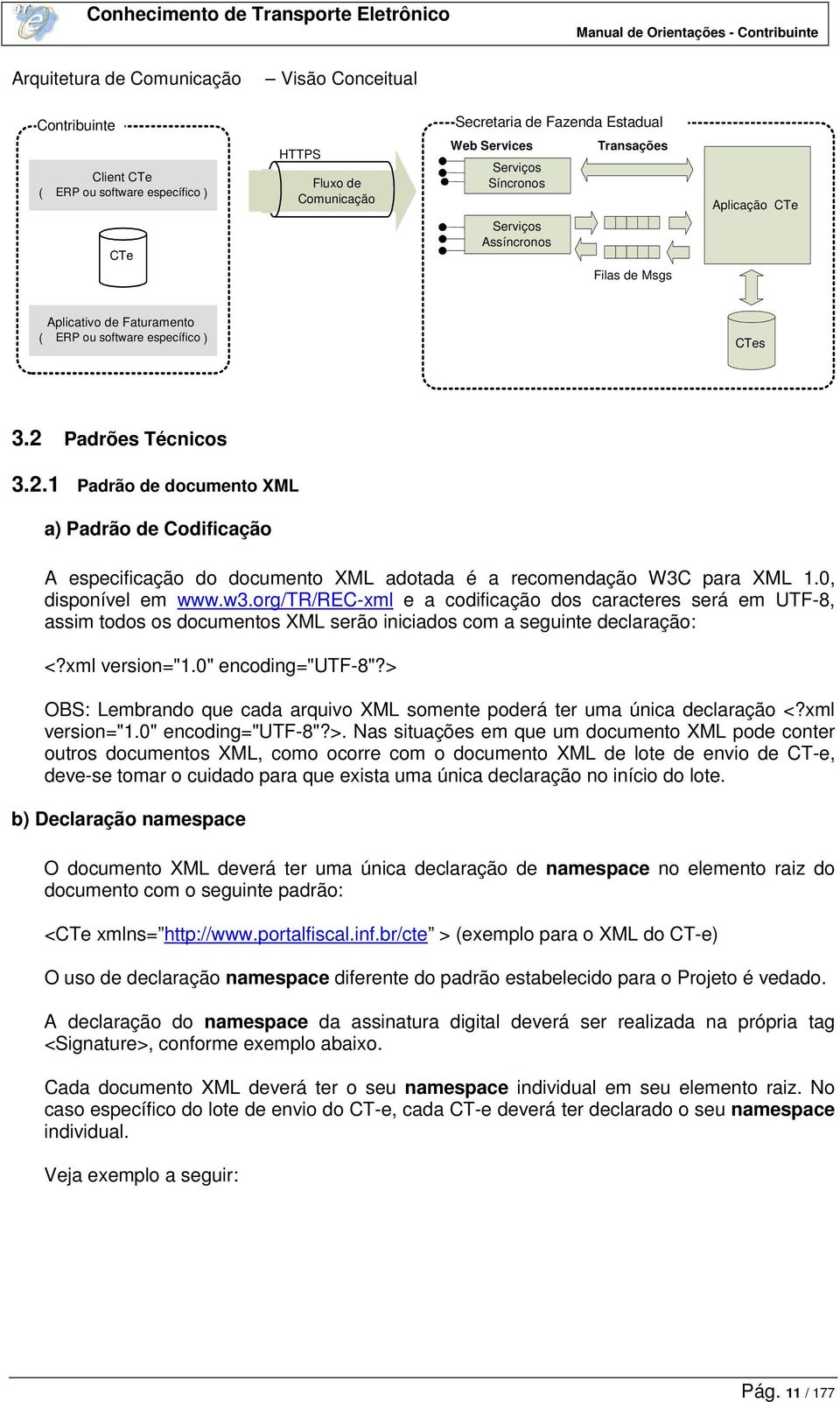 Padrões Técnicos 3.2.1 Padrão de documento XML a) Padrão de Codificação A especificação do documento XML adotada é a recomendação W3C para XML 1.0, disponível em www.w3.