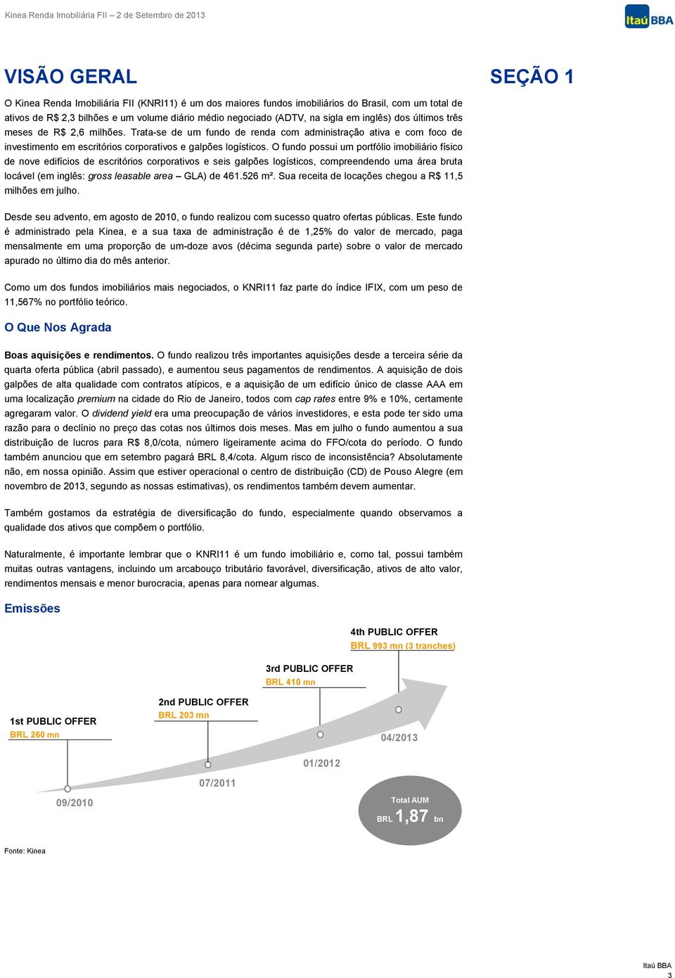 O fundo possui um portfólio imobiliário físico de nove edifícios de escritórios corporativos e seis galpões logísticos, compreendendo uma área bruta locável (em inglês: gross leasable area GLA) de