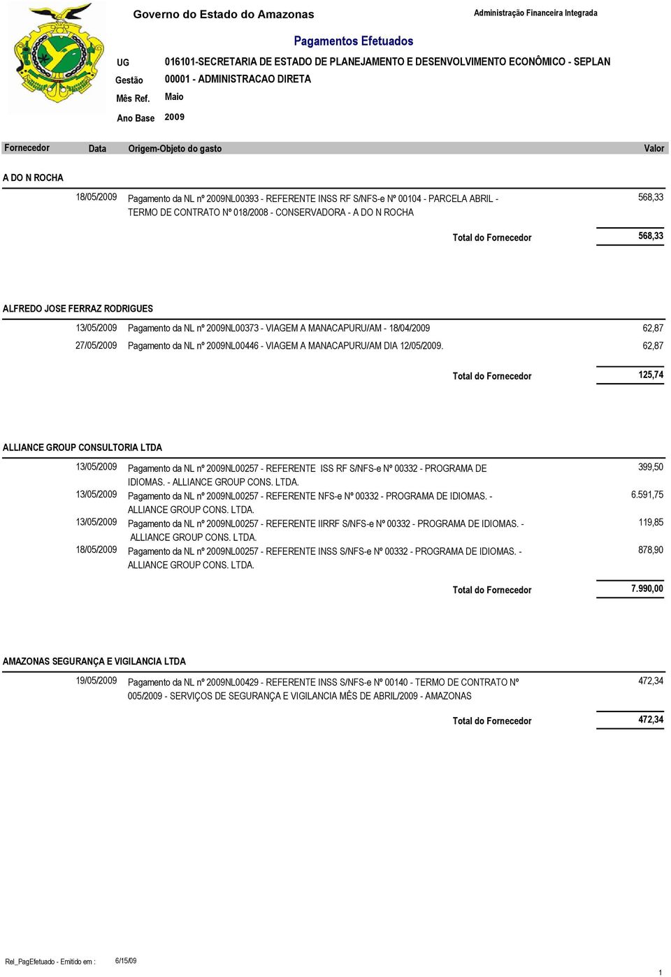 62,87 125,74 ALLIANCE GROUP CONSULTORIA LTDA 13/05/2009 Pagamento da NL nº 2009NL00257 - REFERENTE ISS RF S/NFS-e Nº 00332 - PROGRAMA DE IDIOMAS. - ALLIANCE GROUP CONS. LTDA. 13/05/2009 Pagamento da NL nº 2009NL00257 - REFERENTE NFS-e Nº 00332 - PROGRAMA DE IDIOMAS.