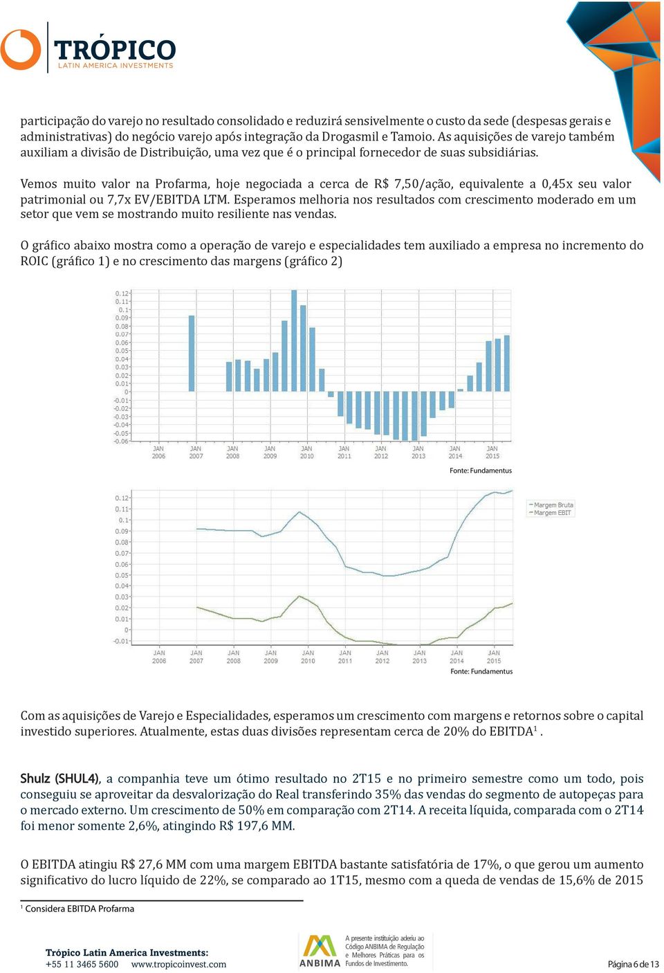 Vemos muito valor na Profarma, hoje negociada a cerca de R$ 7,50/ação, equivalente a 0,45x seu valor patrimonial ou 7,7x EV/EBITDA LTM.