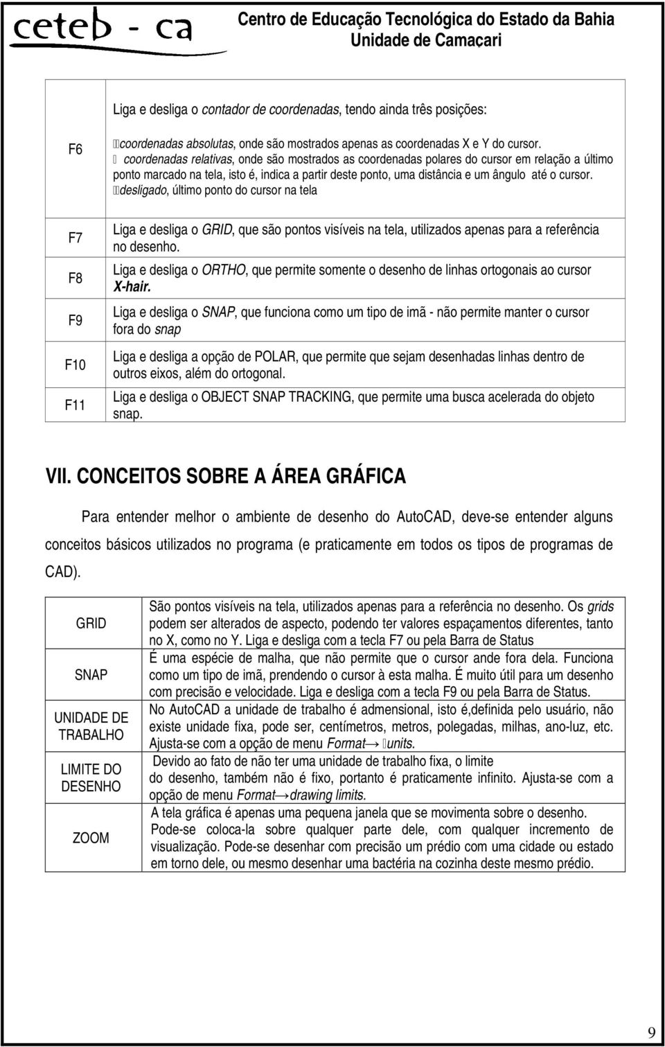 desligado, último ponto do cursor na tela Liga e desliga o GRID, que são pontos visíveis na tela, utilizados apenas para a referência no desenho.