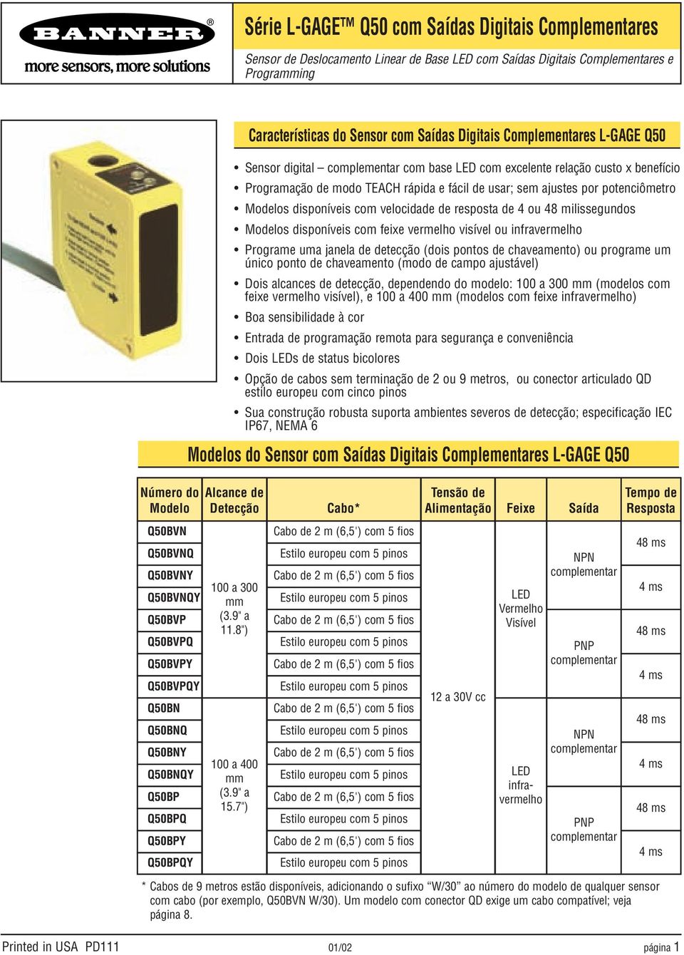 disponíveis com velocidade de resposta de 4 ou 48 milissegundos Modelos disponíveis com feixe vermelho visível ou infravermelho Programe uma janela de detecção (dois pontos de chaveamento) ou