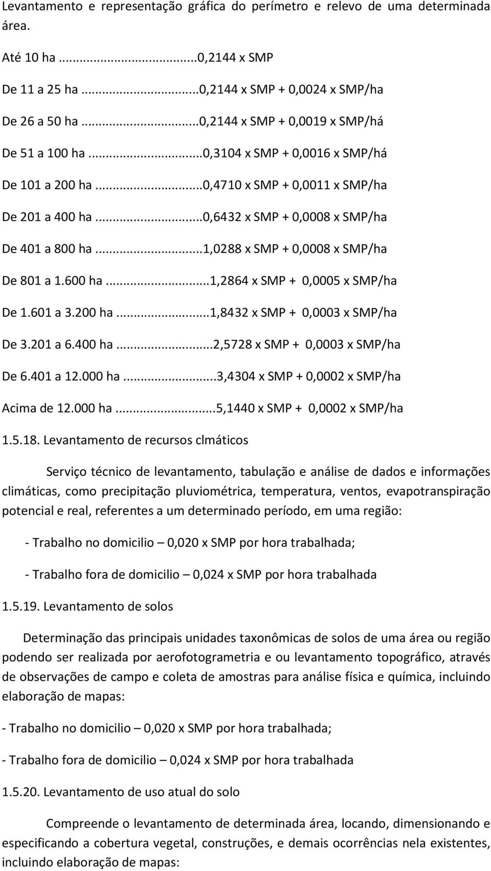 ..1,0288 x SMP + 0,0008 x SMP/ha De 801 a 1.600 ha...1,2864 x SMP + 0,0005 x SMP/ha De 1.601 a 3.200 ha...1,8432 x SMP + 0,0003 x SMP/ha De 3.201 a 6.400 ha...2,5728 x SMP + 0,0003 x SMP/ha De 6.