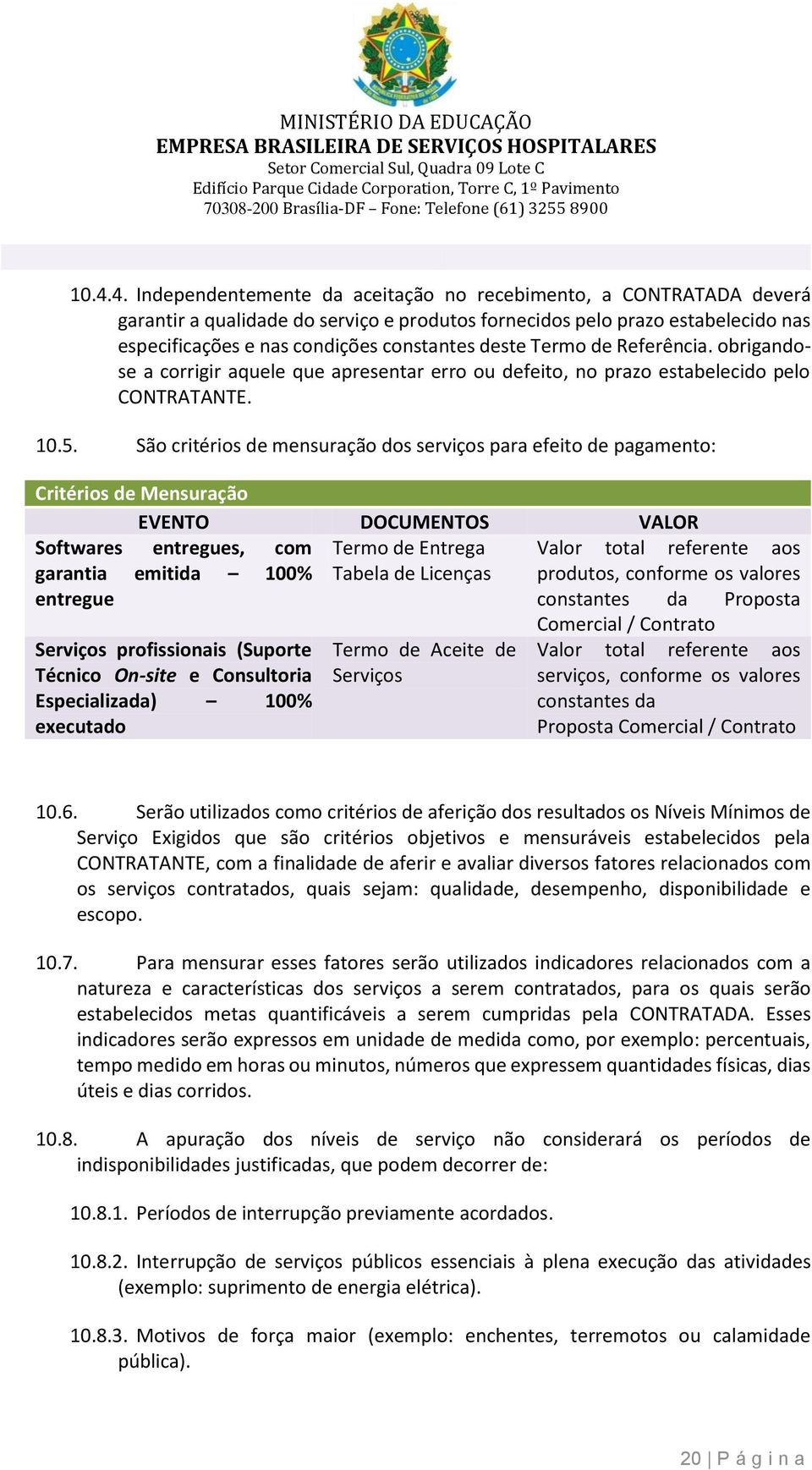 São critérios de mensuração dos serviços para efeito de pagamento: Critérios de Mensuração EVENTO DOCUMENTOS VALOR Softwares entregues, com Termo de Entrega Valor total referente aos garantia emitida