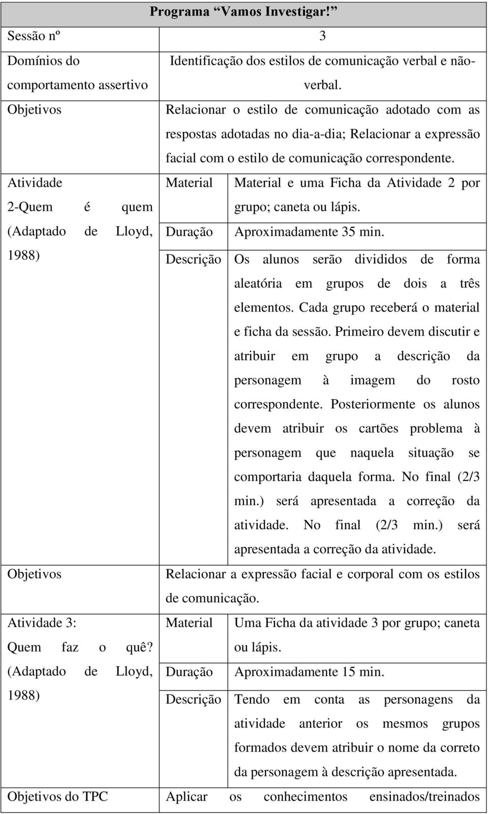 Material Material e uma Ficha da Atividade 2 por grupo; caneta ou lápis. Duração Aproximadamente 35 min. Descrição Os alunos serão divididos de forma aleatória em grupos de dois a três elementos.