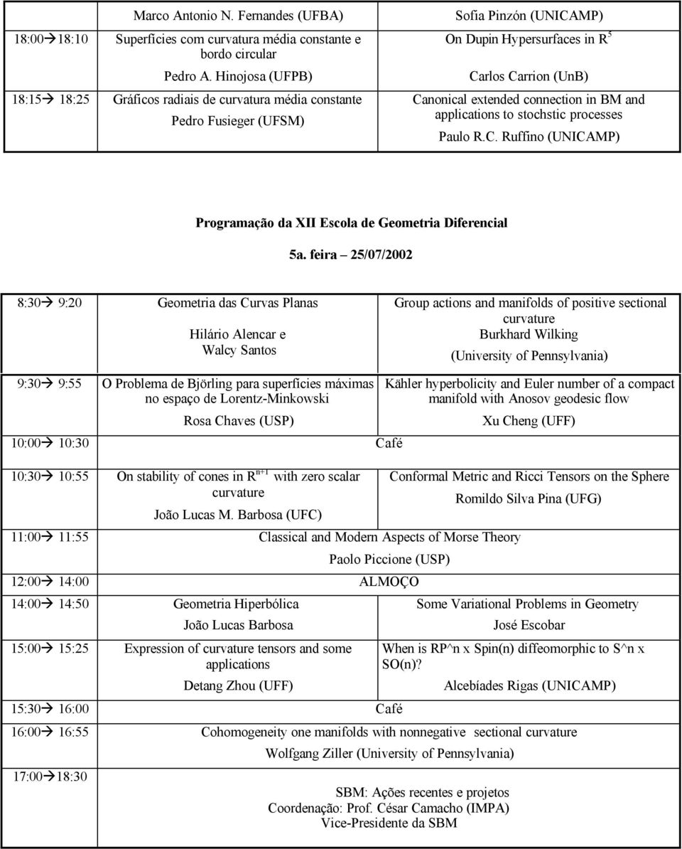 in BM and applications to stochstic processes Paulo R.C. Ruffino (UNICAMP) Programação da XII Escola de Geometria Diferencial 5a.