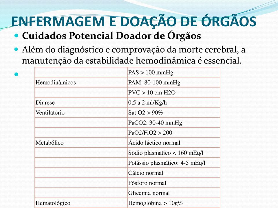 PAS > 100 mmhg Hemodinâmicos PAM: 80-100 mmhg Diurese PVC > 10 cm H2O 0,5 a 2 ml/kg/h Ventilatório Sat O2 > 90%