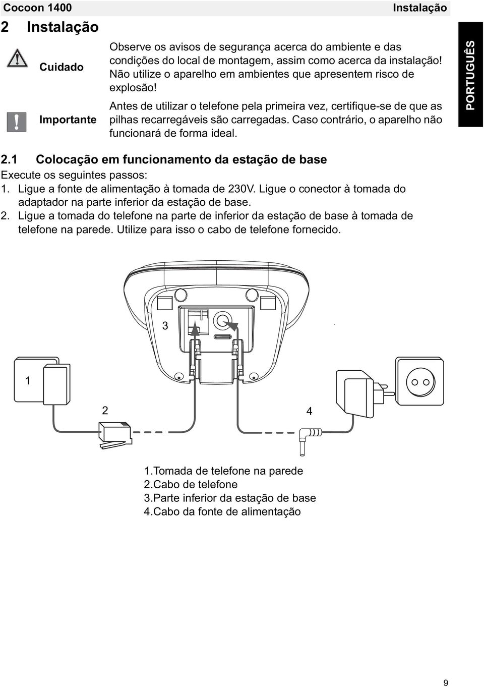 Caso contrário, o aparelho não funcionará de forma ideal. PORTUGUÊS 2.1 Colocação em funcionamento da estação de base Execute os seguintes passos: 1. Ligue a fonte de alimentação à tomada de 230V.