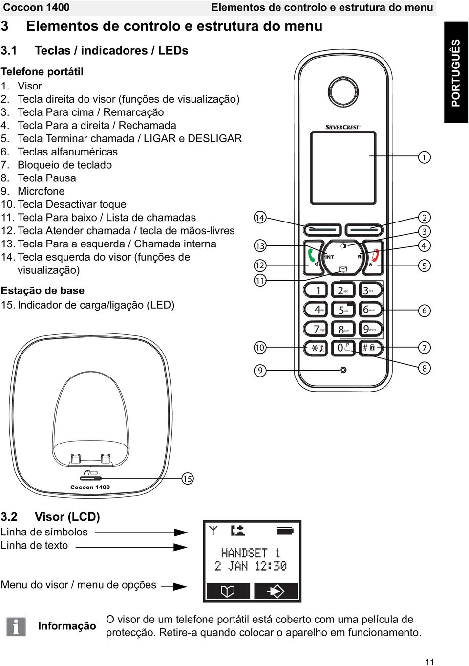 Bloqueio de teclado 8. Tecla Pausa 9. Microfone 10. Tecla Desactivar toque 11. Tecla Para baixo / Lista de chamadas 12. Tecla Atender chamada / tecla de mãos-livres 13.