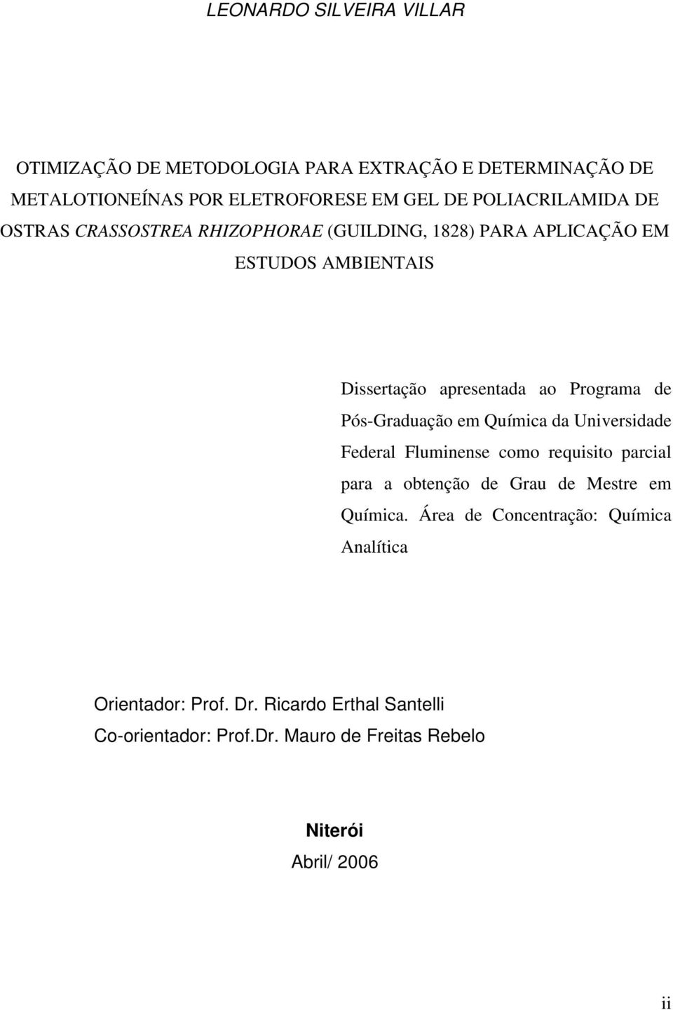 de Pós-Graduação em Química da Universidade Federal Fluminense como requisito parcial para a obtenção de Grau de Mestre em Química.