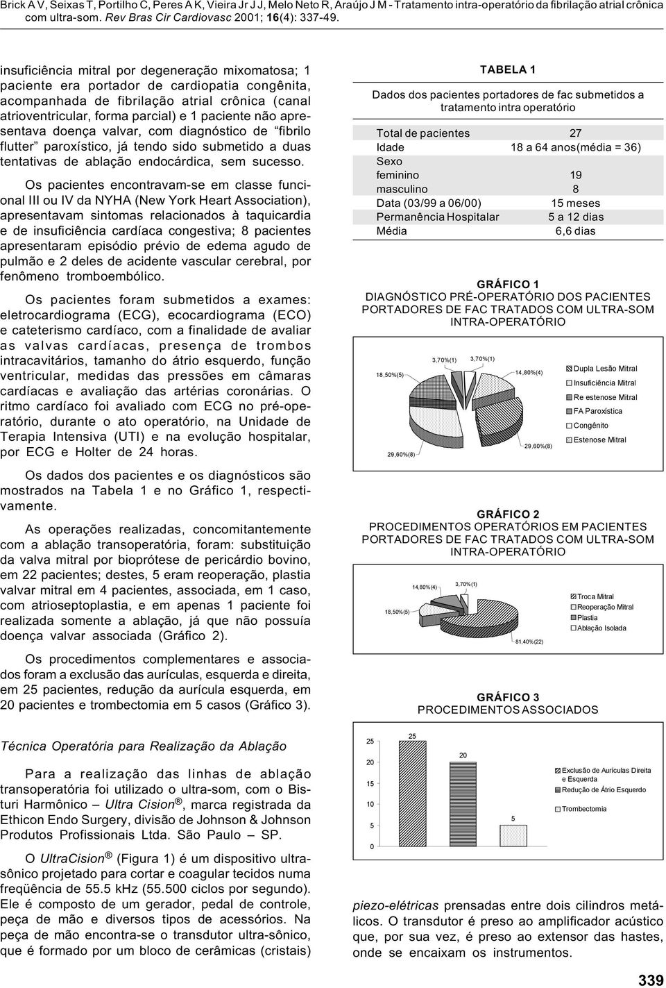 Os pacientes encontravam-se em classe funcional III ou IV da NYHA (New York Heart Association), apresentavam sintomas relacionados à taquicardia e de insuficiência cardíaca congestiva; 8 pacientes