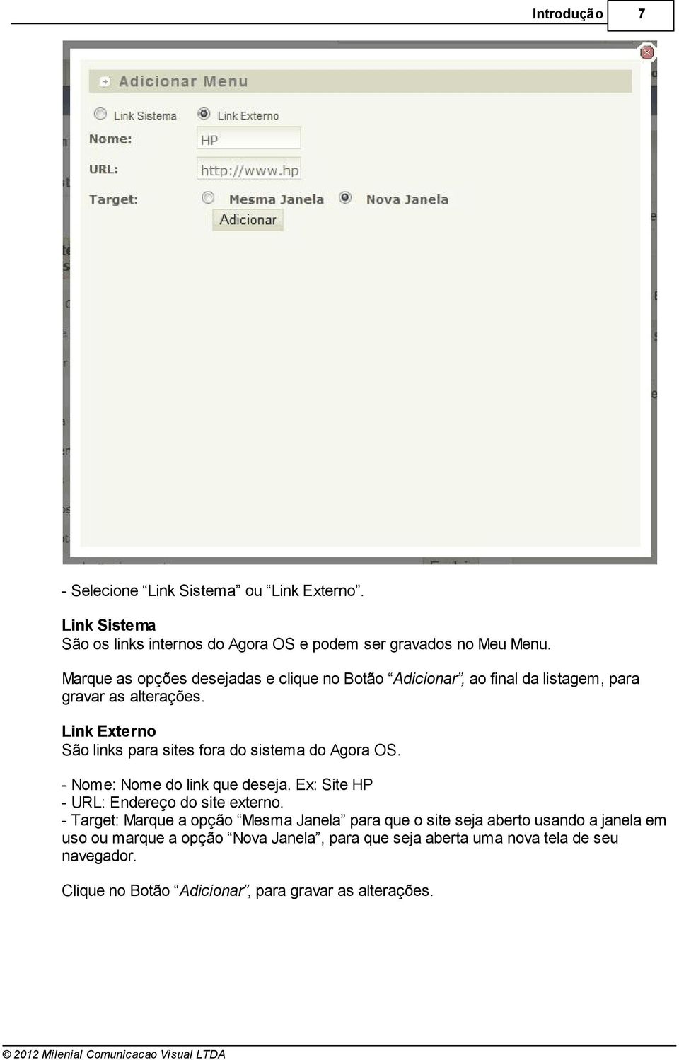 Link Externo São links para sites fora do sistema do Agora OS. - Nome: Nome do link que deseja. Ex: Site HP - URL: Endereço do site externo.