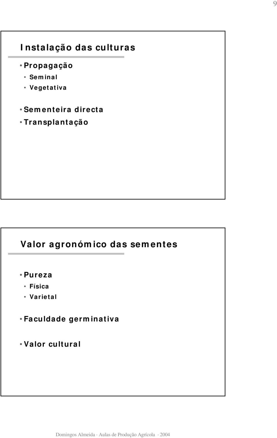 Valor agronómico das sementes Pureza Física