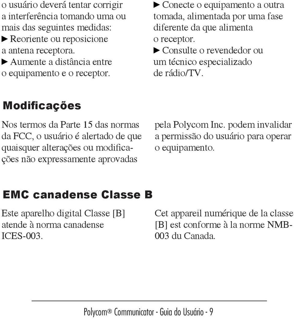 Modificações Nos termos da Parte 15 das normas da FCC, o usuário é alertado de que quaisquer alterações ou modificações não expressamente aprovadas pela Polycom Inc.