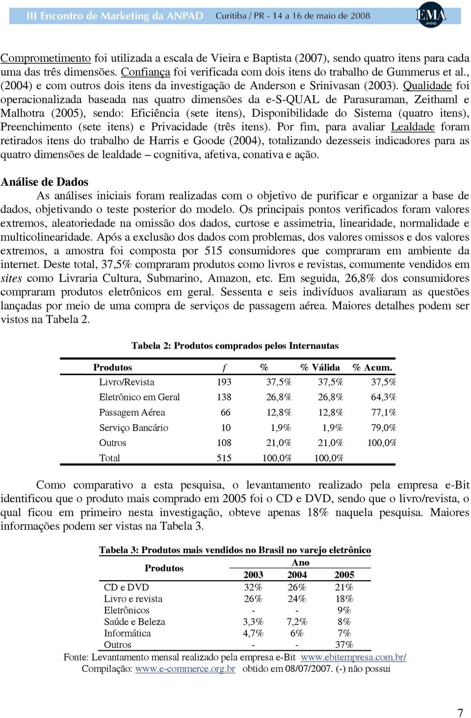 Qualidade foi operacionalizada baseada nas quatro dimensões da e-s-qual de Parasuraman, Zeithaml e Malhotra (2005), sendo: Eficiência (sete itens), Disponibilidade do Sistema (quatro itens),