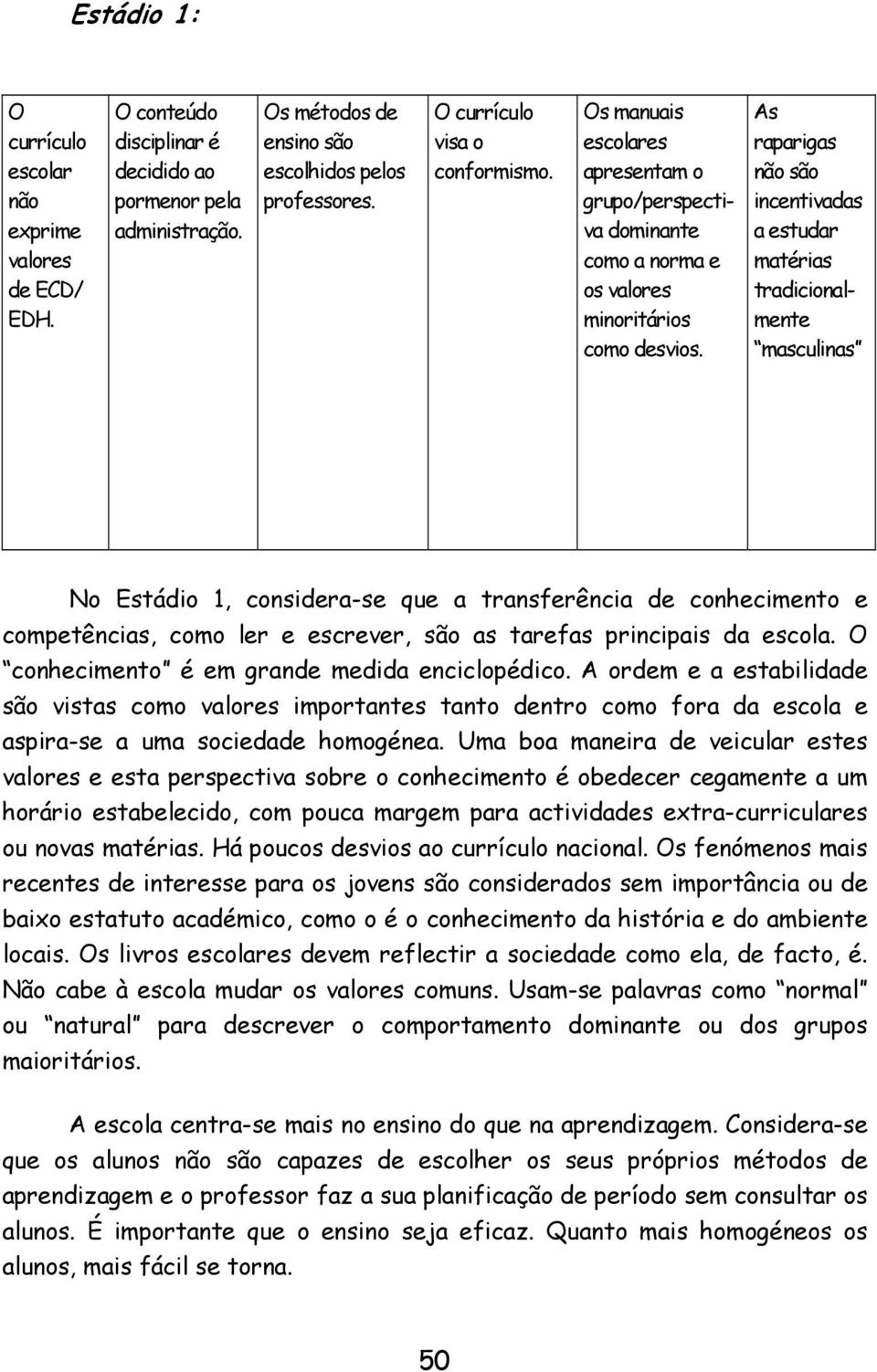 As raparigas não são incentivadas a estudar matérias tradicionalmente masculinas No Estádio 1, considera-se que a transferência de conhecimento e competências, como ler e escrever, são as tarefas