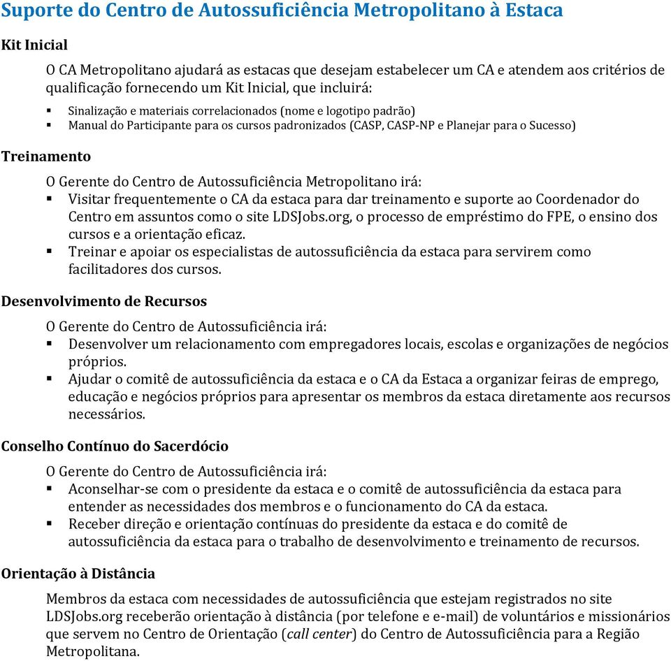 Gerente do Centro de Autossuficiência Metropolitano irá: Visitar frequentemente o CA da estaca para dar treinamento e suporte ao Coordenador do Centro em assuntos como o site LDSJobs.