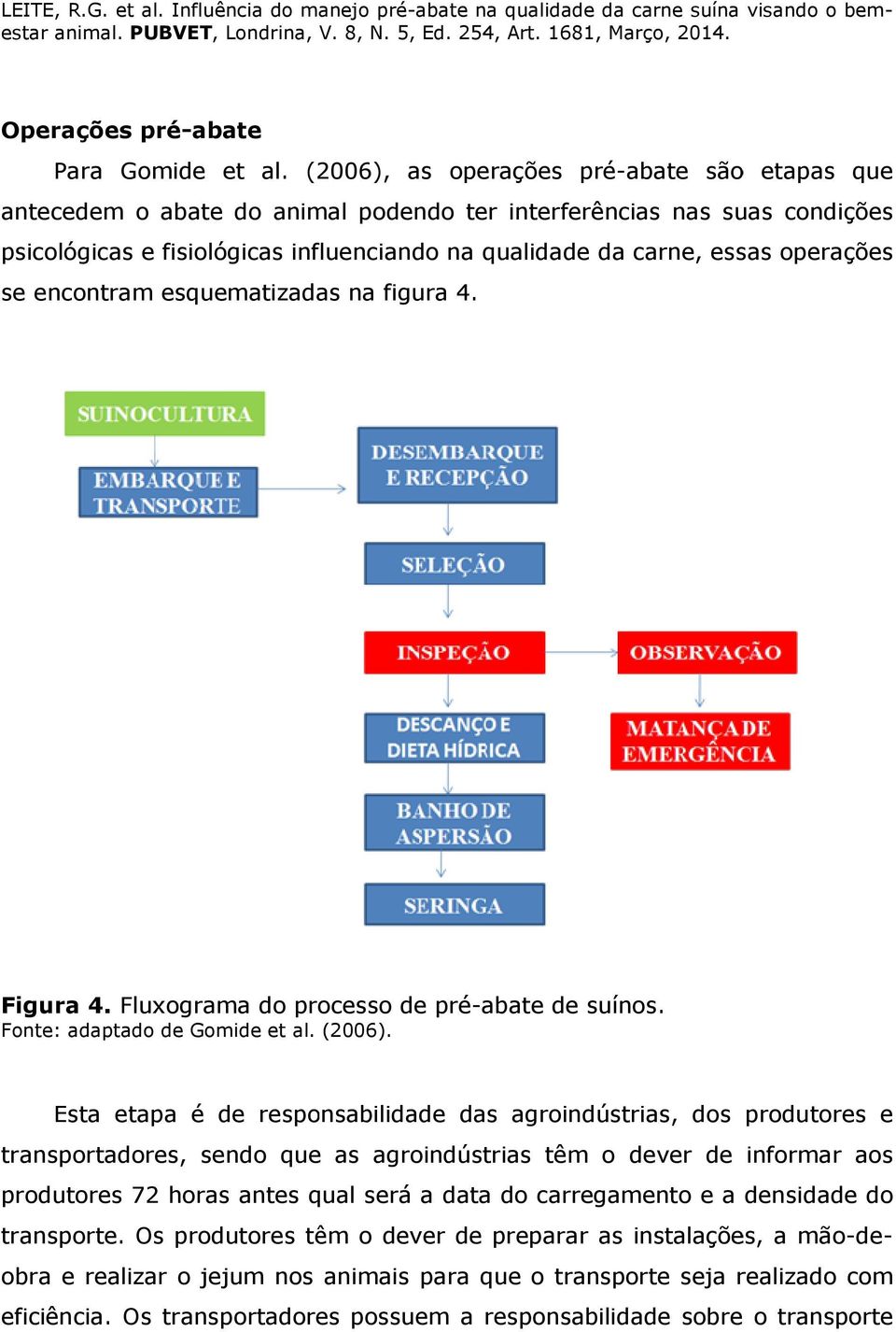 (2006), as operações pré-abate são etapas que antecedem o abate do animal podendo ter interferências nas suas condições psicológicas e fisiológicas influenciando na qualidade da carne, essas