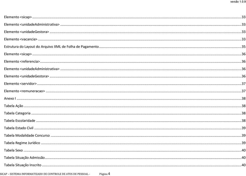 .. 36 Elemento <unidadegestora>... 36 Elemento <servidor>... 37 Elemento <remuneracao>... 37 Anexo I... 38 Tabela Ação... 38 Tabela Categoria... 38 Tabela Escolaridade.