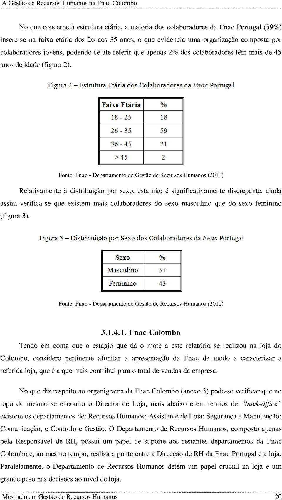 Fonte: Fnac - Departamento de Gestão de Recursos Humanos (2010) Relativamente à distribuição por sexo, esta não é significativamente discrepante, ainda assim verifica-se que existem mais